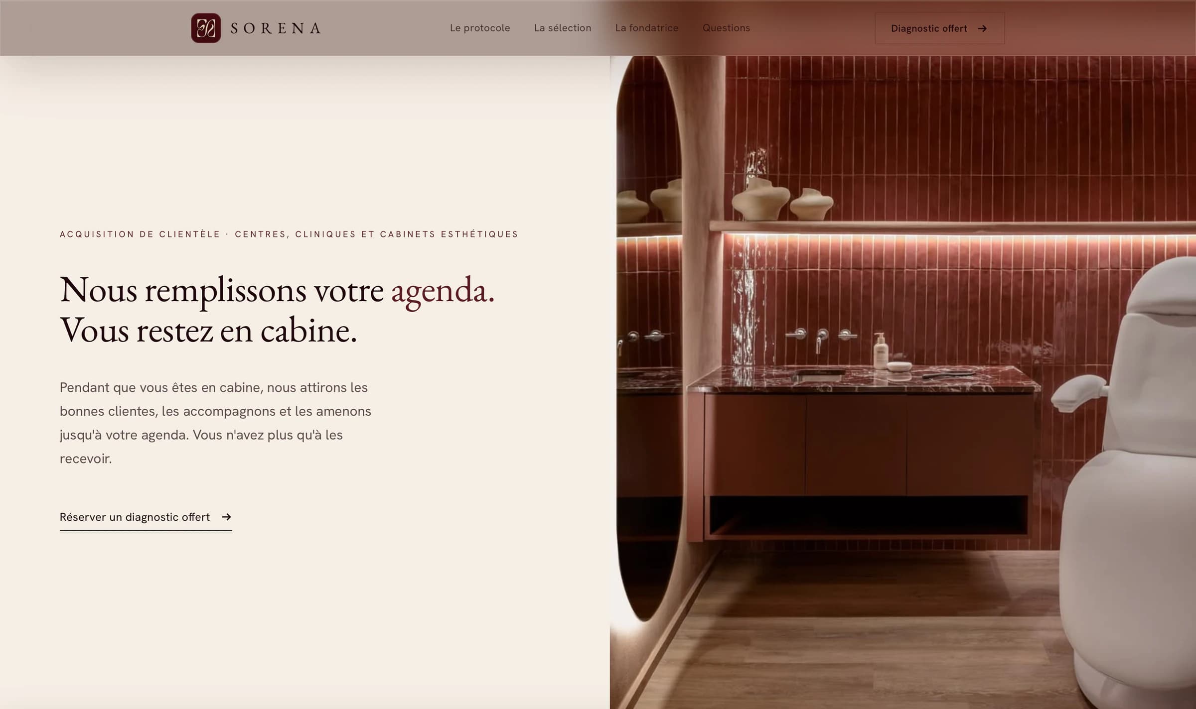 Aperçu du site de Sorena, agence d’acquisition pour cabinets esthétiques
