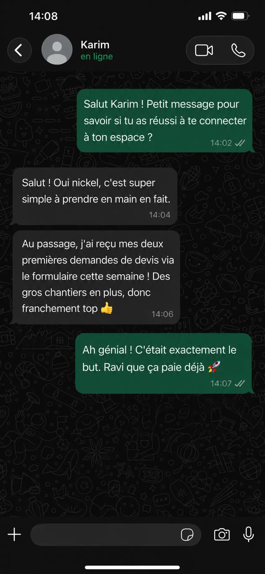 Message WhatsApp d'un client satisfait après la livraison de son site, Niyya Agency