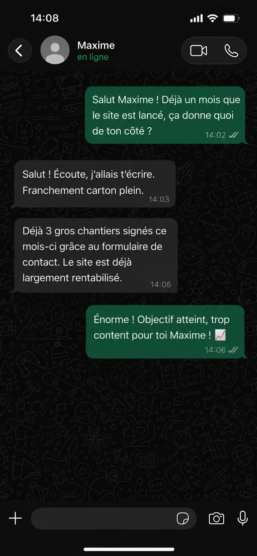 Message WhatsApp d'un client satisfait après la livraison de son site, Niyya Agency