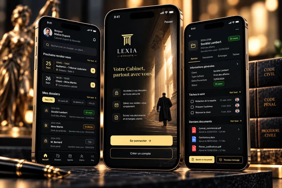 Exemple d’application mobile pour un cabinet d’avocats, sur trois téléphones