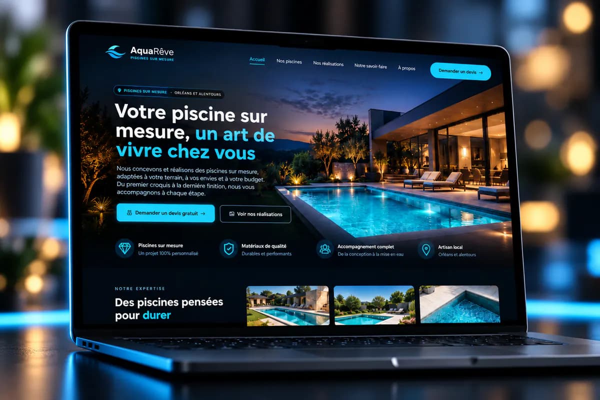 Maquette d’une landing page de pisciniste affichée sur un ordinateur portable