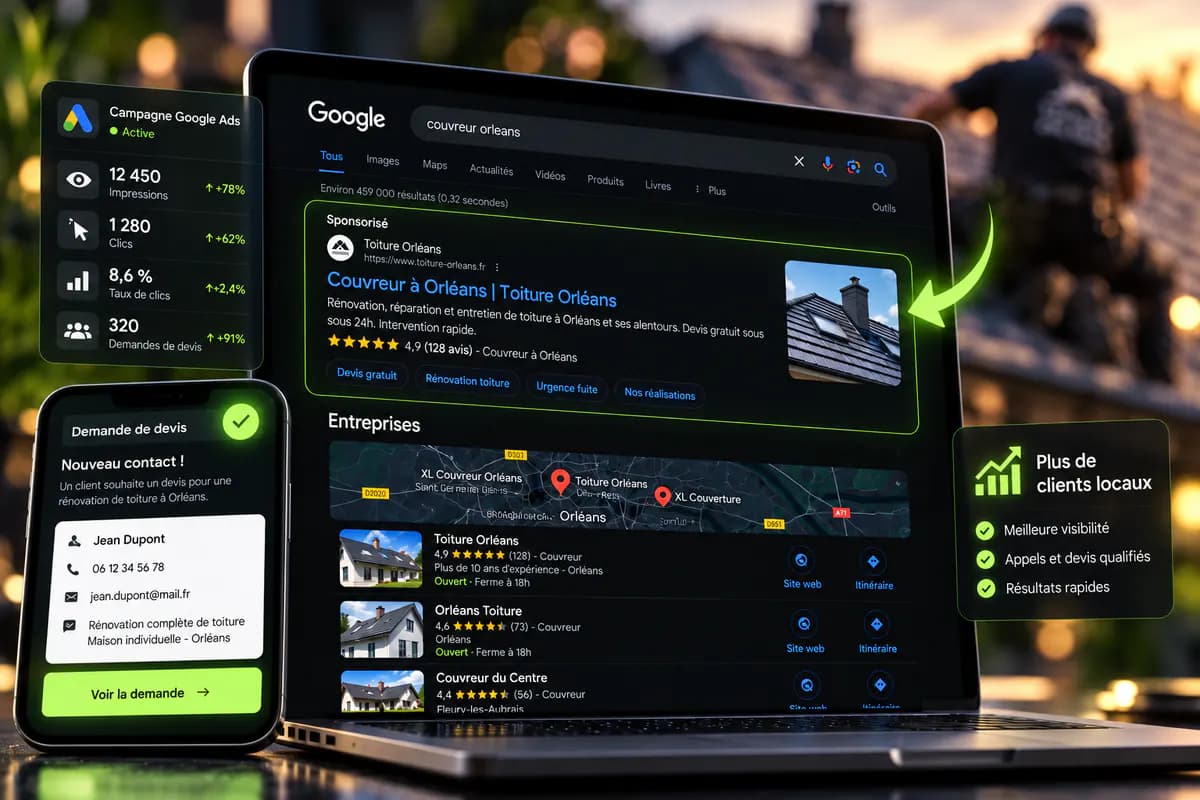 Maquette d’une annonce Google Ads pour un couvreur, avec la demande de devis reçue sur téléphone