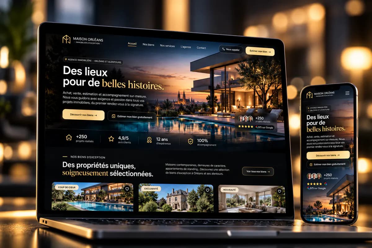 Maquette d’un site internet sur mesure pour une agence immobilière, sur ordinateur et sur téléphone