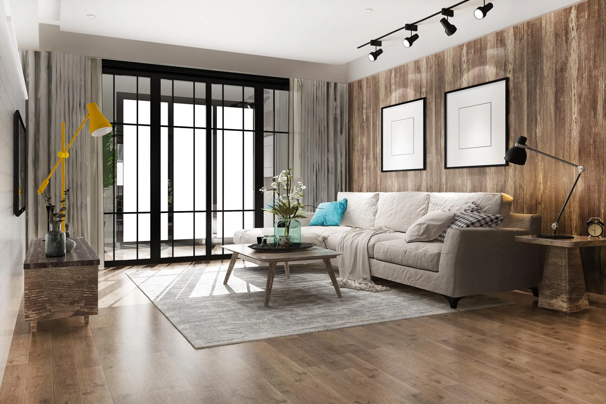 Living room with wood wall and furniture - Carpentry Web design Webflow Template