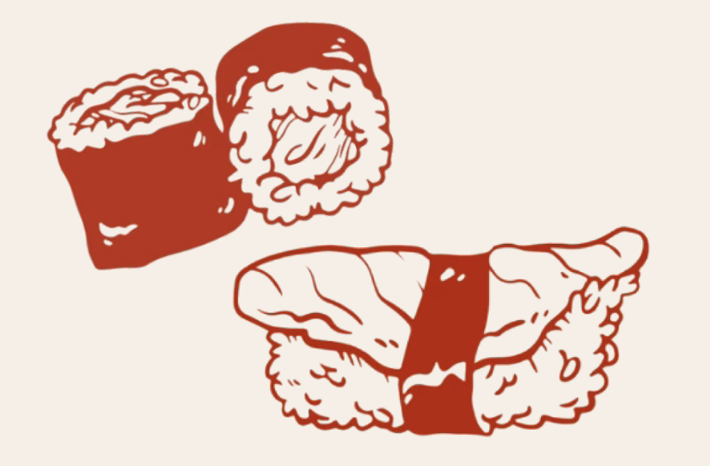 Outlined graphic of 2 sushi pieces.